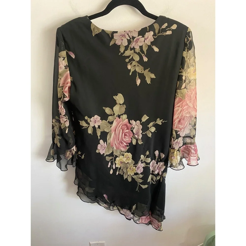 Jessica Howard Womens Floral Chiffon 2 Piece Skirt Set Black Pink Rose Maxi Top